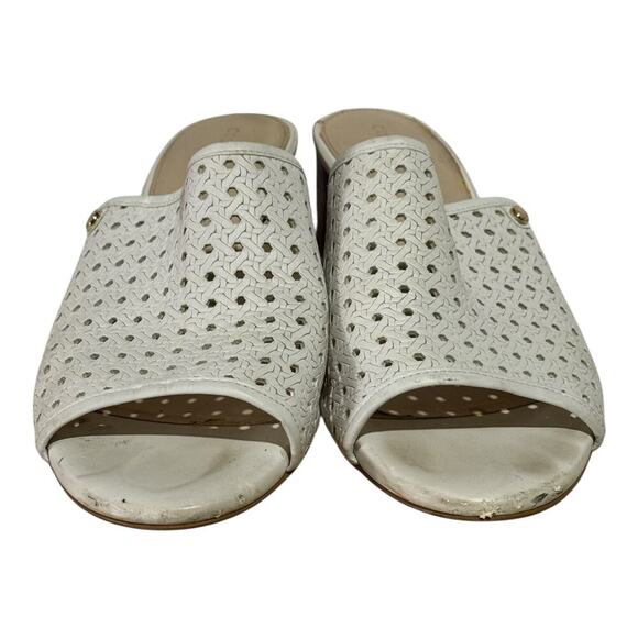 Cole Haan Woven Block Heel Mulkes Womens 8 B White Leather Peep Toe Sandals - Picture 2 of 8